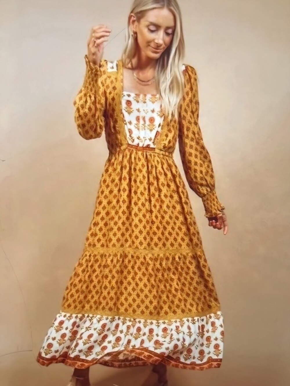 In Loom Helen Bohemian Floral Tiered & Button Bodice Dress, Large, #RN151251
